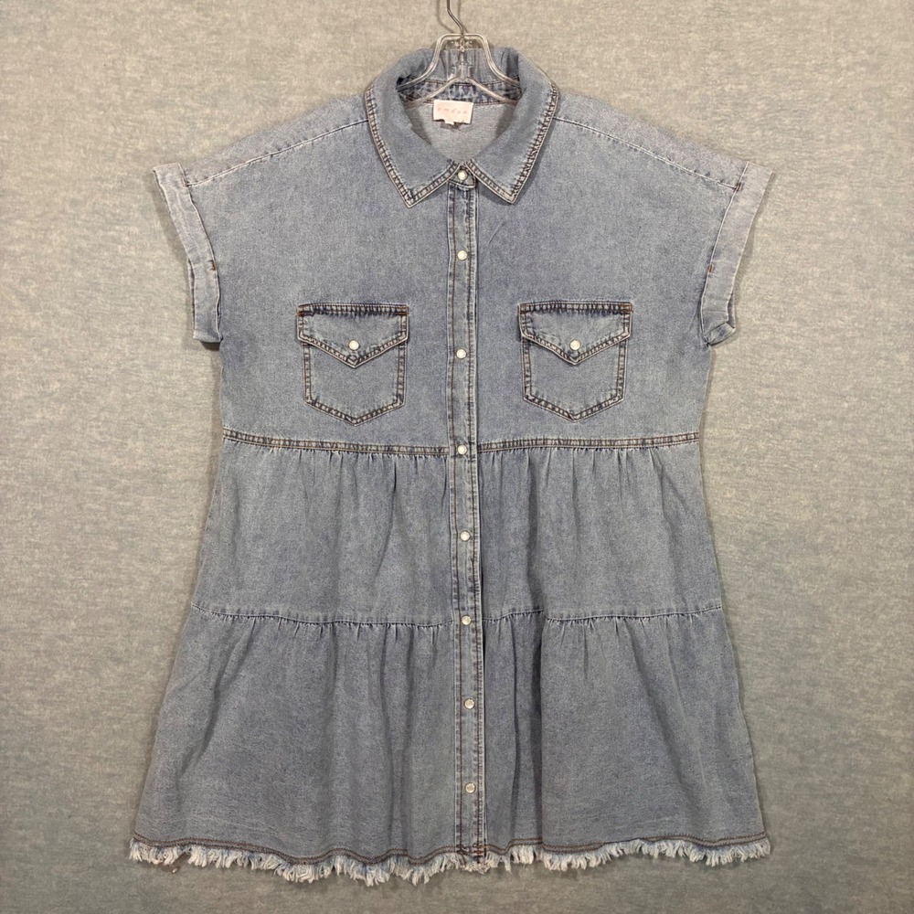 Entro Light Wash Denim Tiered Babydoll Mini Dress Short Sleeve Fringe Hem L